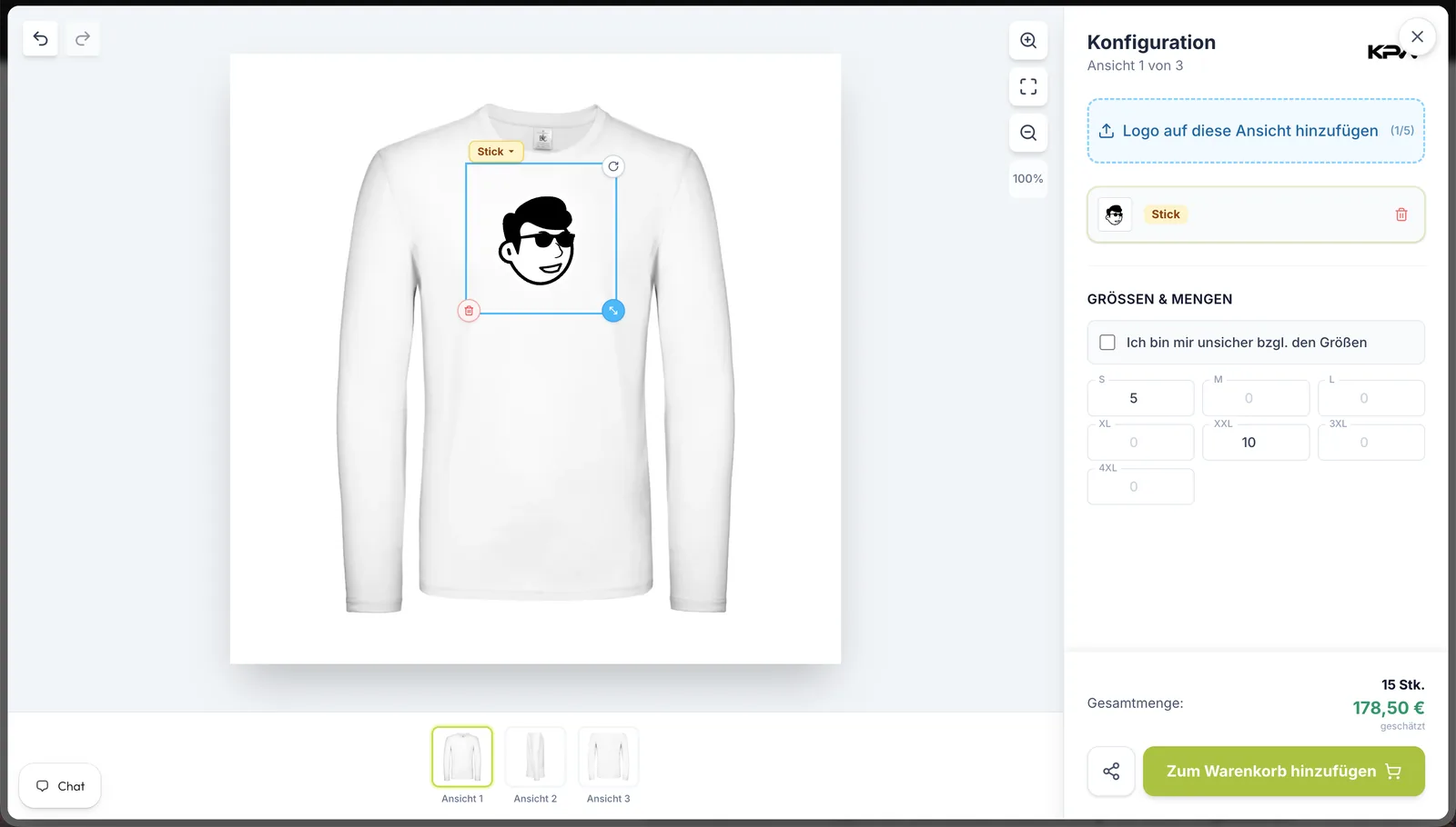 Der Konfigurator zeigt ein weißes Langarmshirt mit aufgesetztem Logo, daneben die Felder für Größen und Mengen
